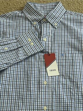 IZOD Shirt Mens Small Blue Plaid Check Button Down Long Sleeve Cotton Preppy NWT